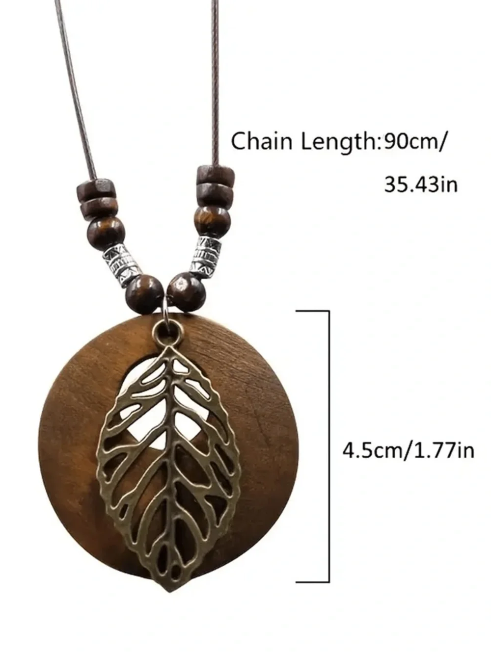 Boho Wood Leaf Pendant Necklace Long Brown Cord Beaded Gold Leaf Statement 35”